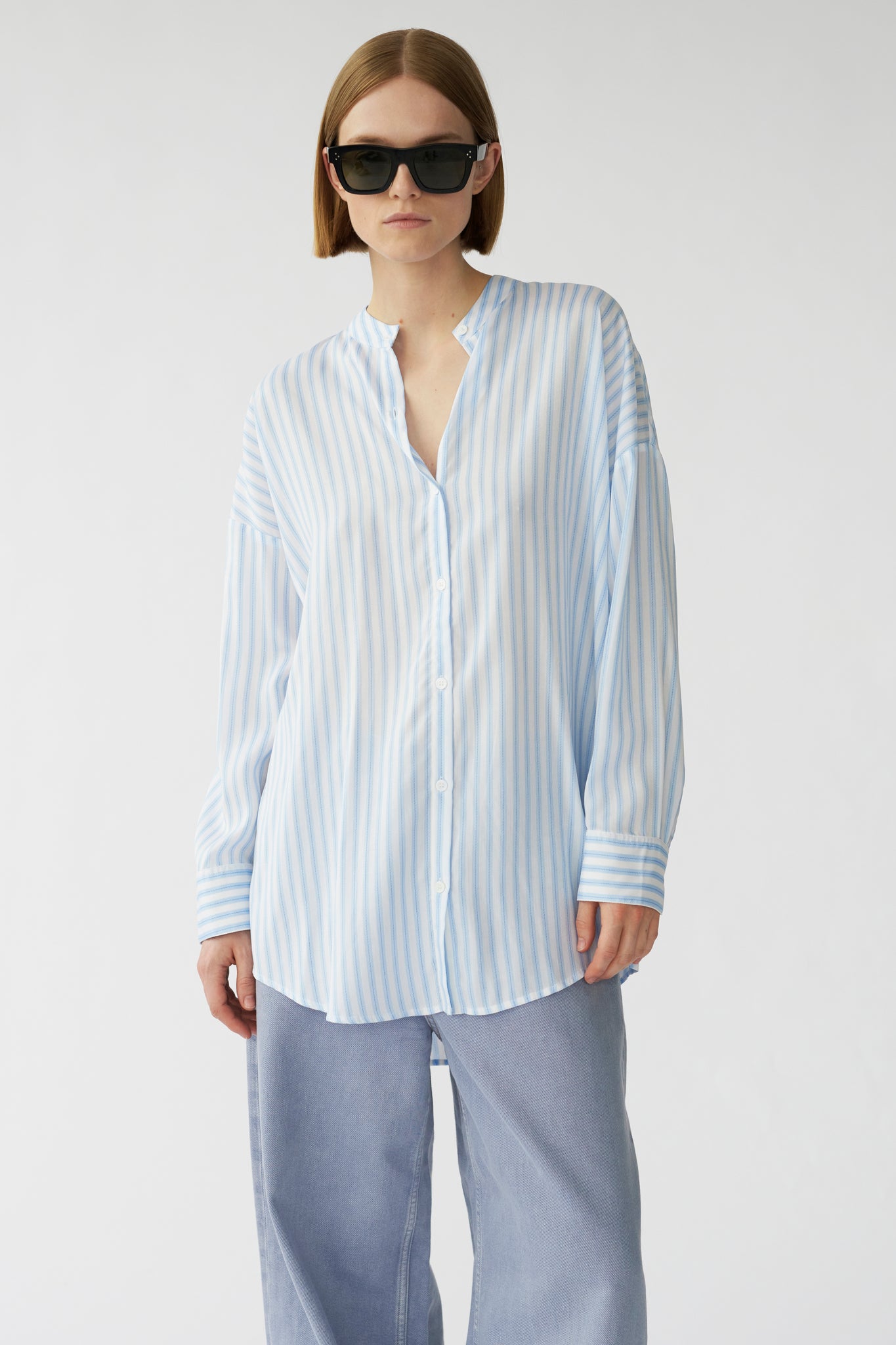 BETSY SHIRT - BLUE WOVEN STRIPE - RECYCLED SILK/TENCEL