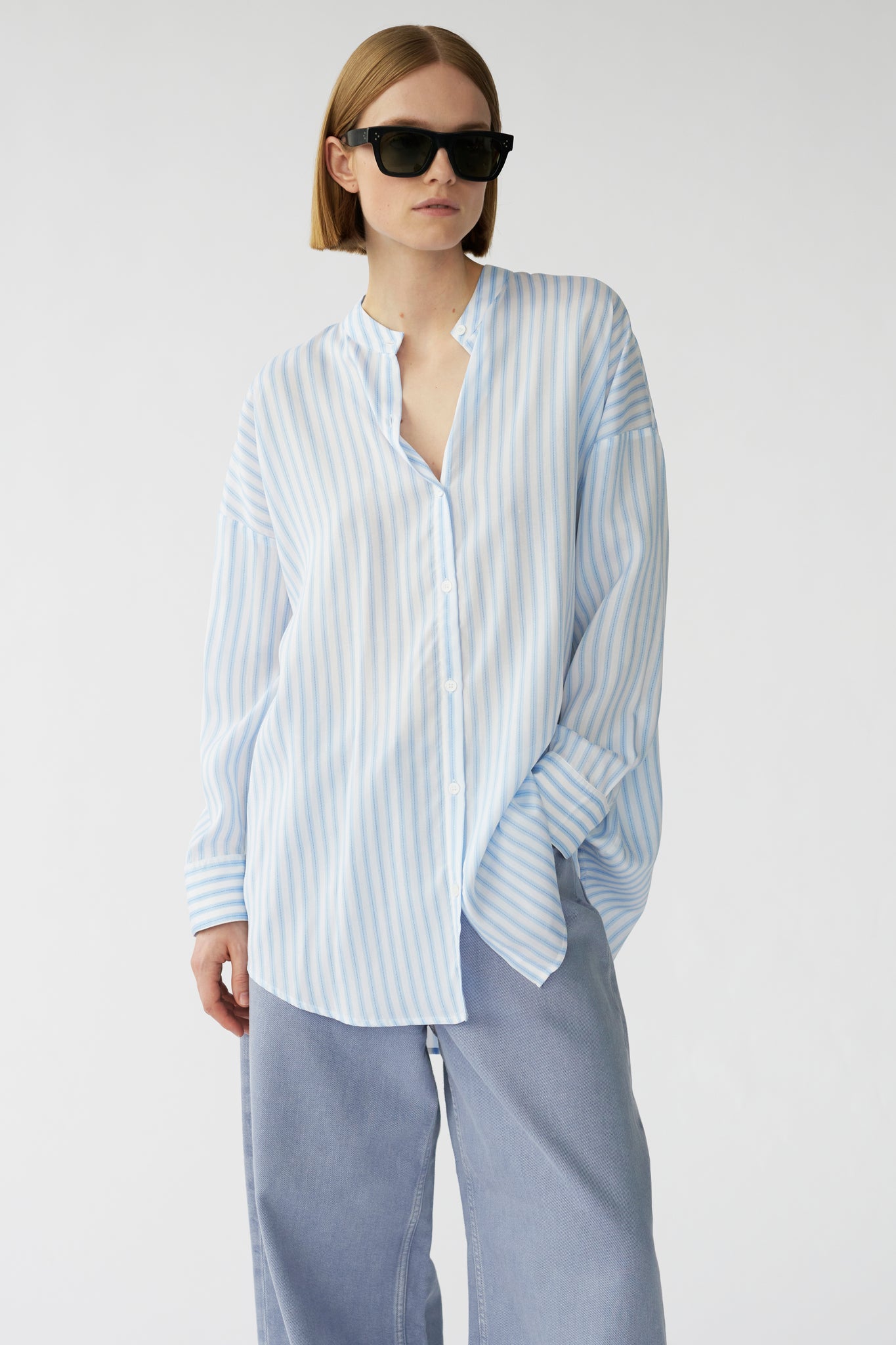 BETSY SHIRT - BLUE WOVEN STRIPE - RECYCLED SILK/TENCEL