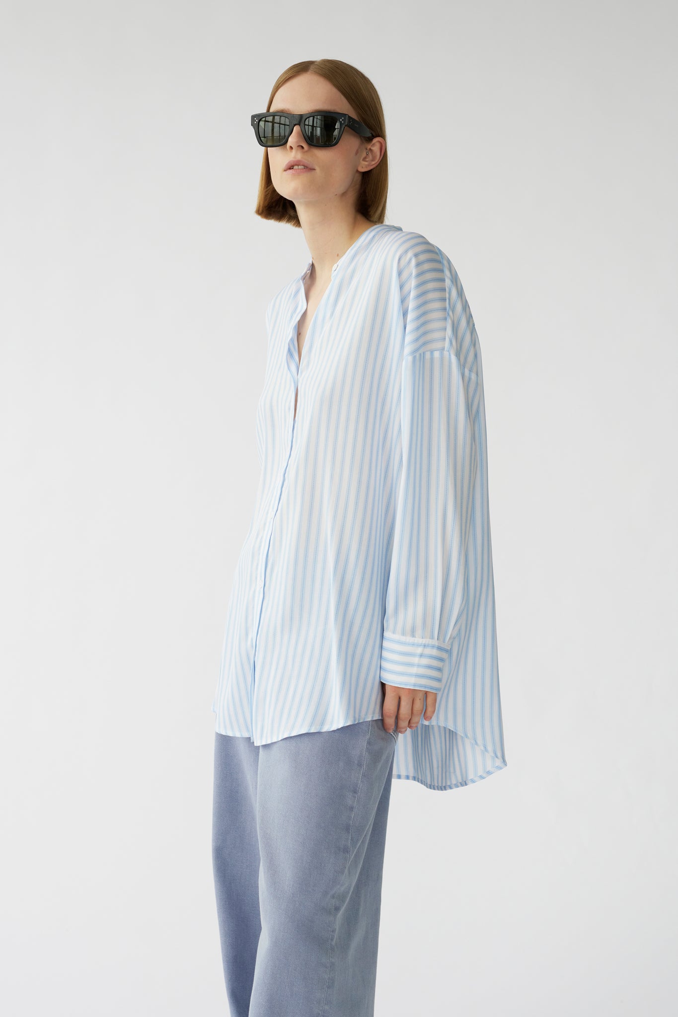 BETSY SHIRT - BLUE WOVEN STRIPE - RECYCLED SILK/TENCEL