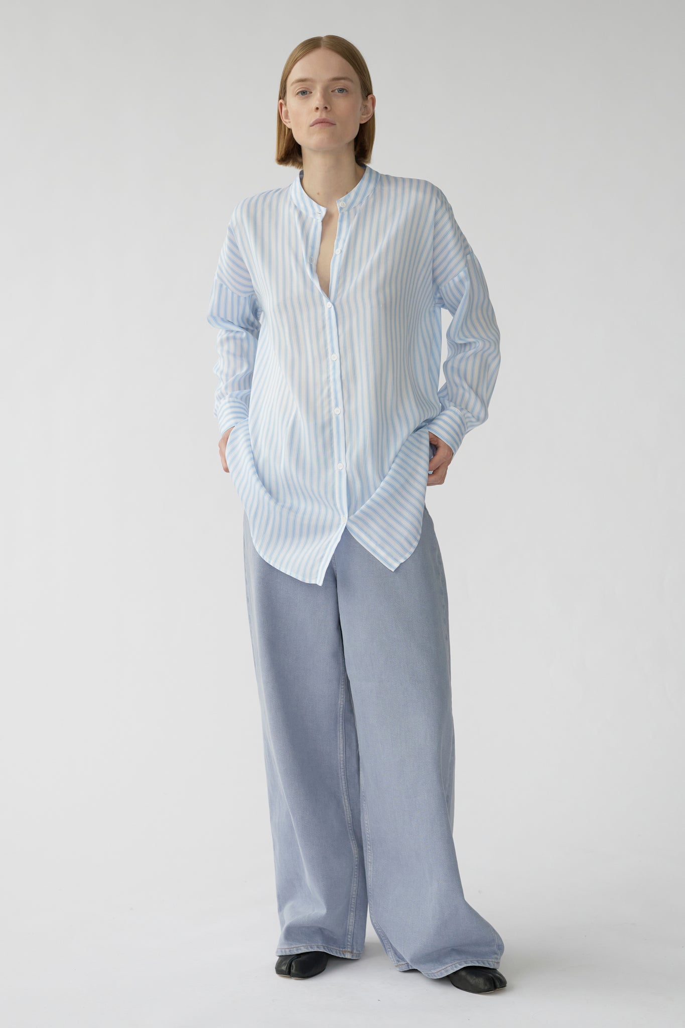 BETSY SHIRT - BLUE WOVEN STRIPE - RECYCLED SILK/TENCEL