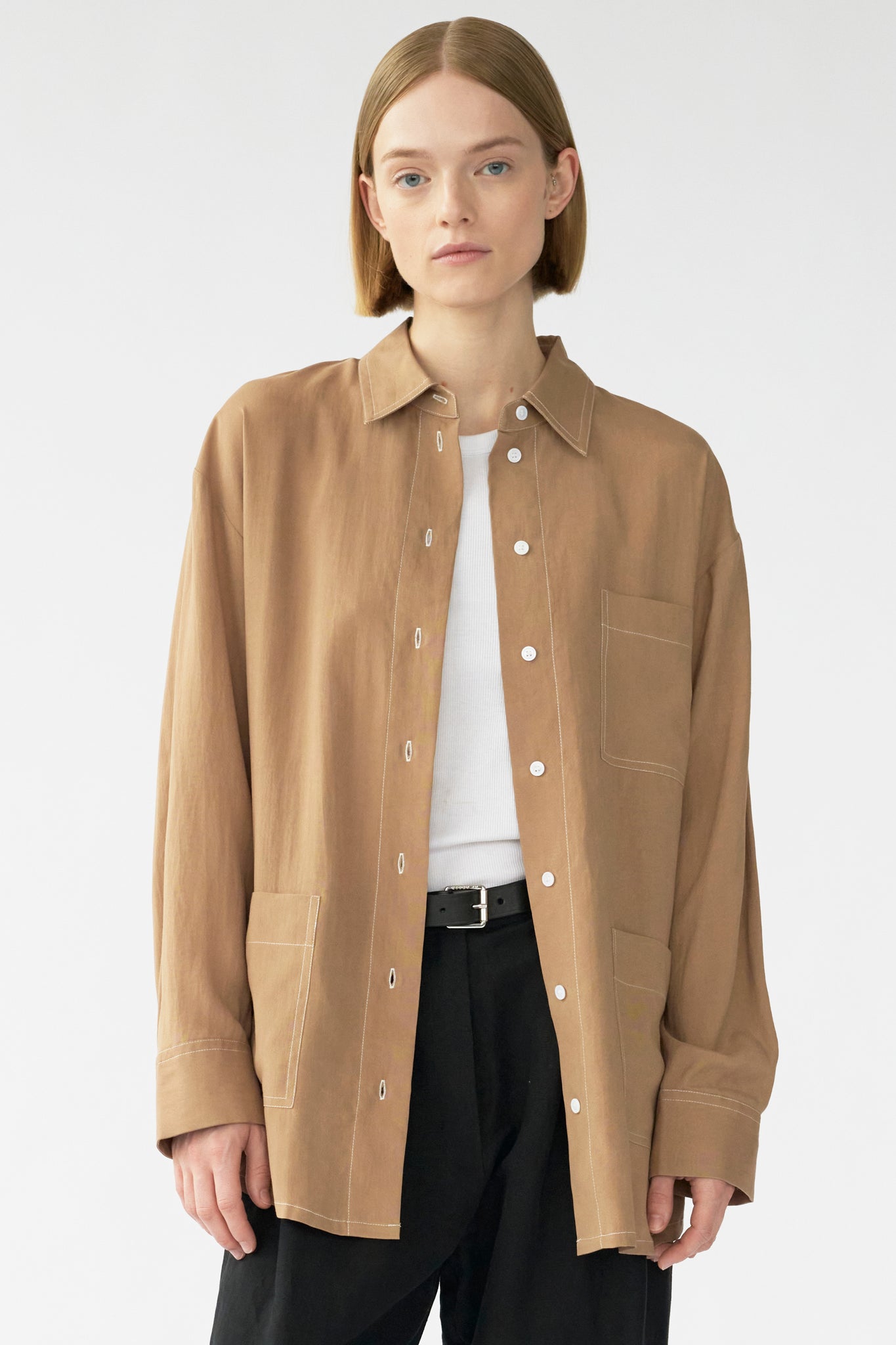 ELIZA POCKET SHIRT - TOBACCO - RECYCLED SILK/TENCEL