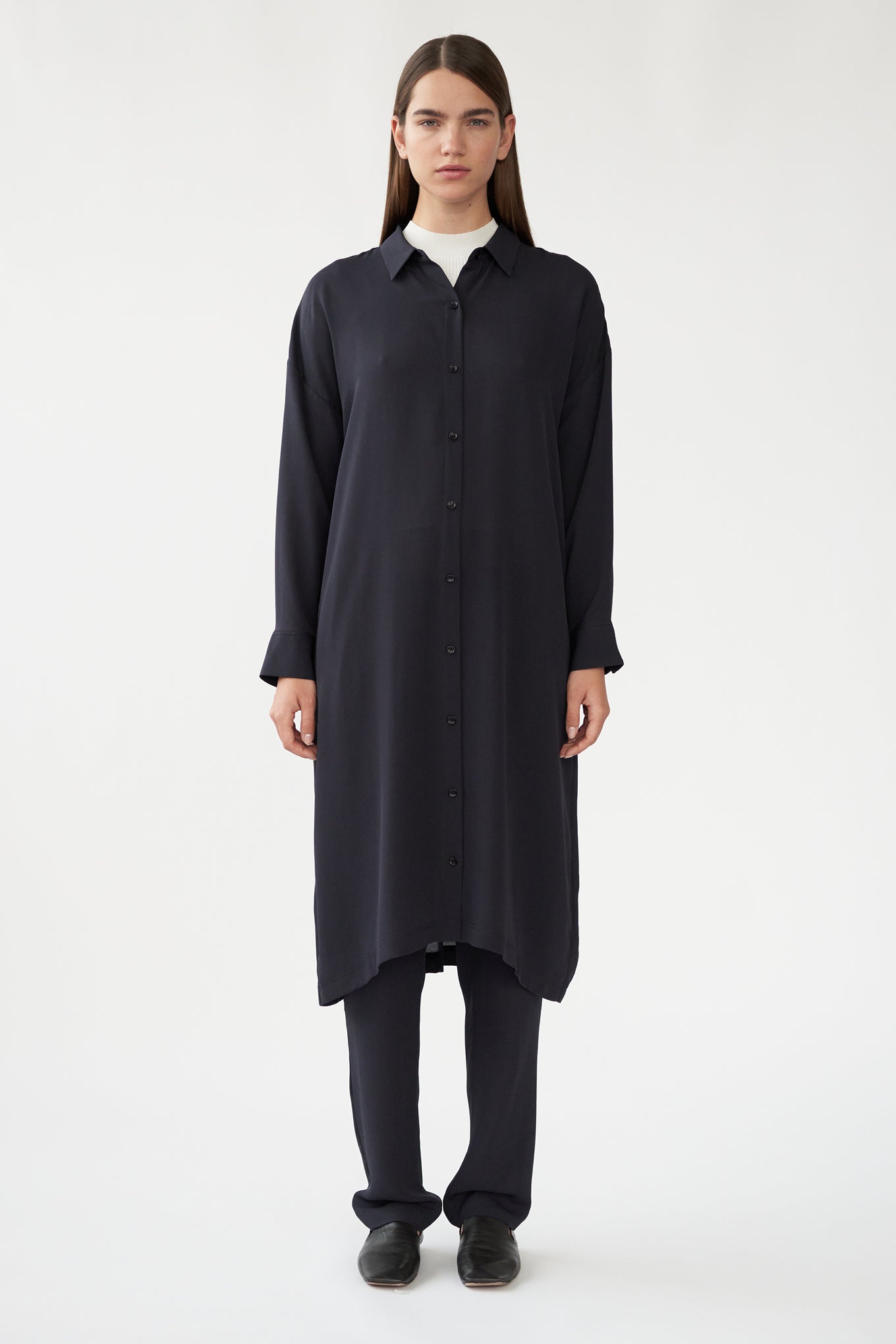 BIANCA LS SHIRT DRESS - DARK NAVY - SILK GEORGETTE – Kokoon